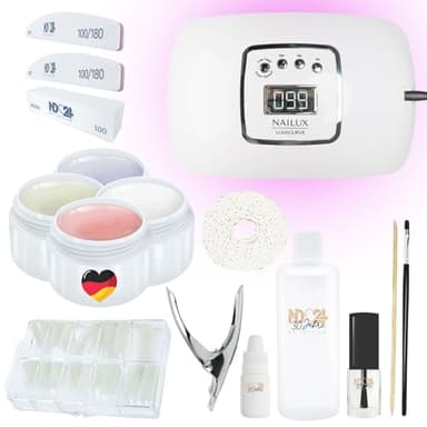– Gelnägel Starter Set Basic mit LED Haftgel, Aufbaugel, Frenchgel, Versiegelungsgel, LED-Lampe & Zubehör – 16-teiliges Komplettset für Anfänger geeignet – LED Gele Made in Germany