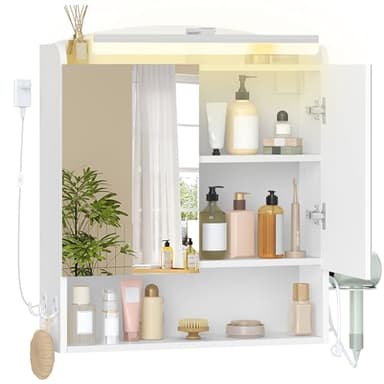Hzuaneri Spiegelschrank Bad mit Beleuchtung, Badezimmerschrank mit Spiegel, Wandschrank, Haartrockner-Halter und Haken, mit Stecker, Verstellbarer Etagen, Weiß, 16,5 x 60 x 68,5 cm MC10003XEU