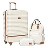 COOLIFE Koffer Trolley Koffer Reisekoffer von ABS Hartschalen Trolley 4 Rollen TSA-Schloss Der Koffer Enthält 1 Reiserucksack und 1 Kulturbeutel (Weiß/Braun, Großer Koffer-Set 3tlg)