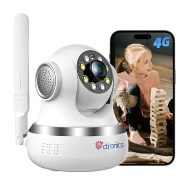 Ctronics 4G Überwachungskamera Innen mit SIM Karte, Auto-Tracking, 8 Positionen, Farb-Nachtsicht 20m, PC & App, FTP/Cloud, 360° PTZ IP Kamera Indoor, Zwei-Wege-Audio, Wand-/Deckenmontage, Einstecken