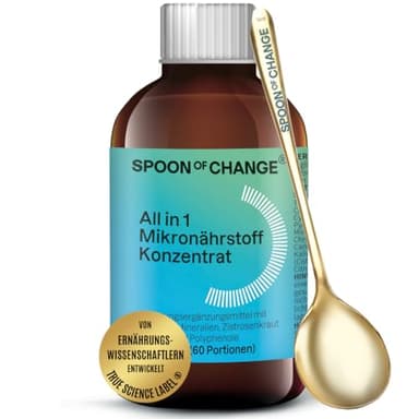 2 Monatsvorrat in 1 Flasche – ALL IN ONE Mikronährstoff Konzentrat – Flüssiges Multivitamin – Mineralien, Spurenelemente, sekundäre Pflanzenstoffe, Vitamine – 60 Portionen – goldenem Dosierlöffel