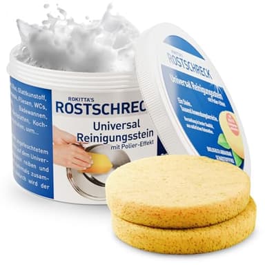 Rokitta’s Rostschreck Universal Reinigungsstein – Putzstein Universalreiniger mit Zwei Gratis Schwämmen – Universalstein für Küche, Bad, Edelstahl und mehr – 900g
