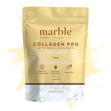 marble® Kollagen Pulver PRO 450 g - Collagen Pulver plus Vitamin C, Zink & Biotin - Collagenpeptide - 60 Tage risikofrei testen - aus Weiderind mit perfekter Löslichkeit – Vanilla