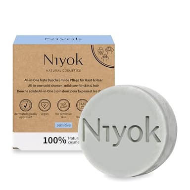 Niyok® All-in-One Feste Dusche "Sensitiv" (80g) • Seife für Körper + Haare + Gesicht • Milde Pflege für Haut & Haar • Feste Dusche, festes Shampoo, feste Gesichtsreinigung • Naturkosmetik