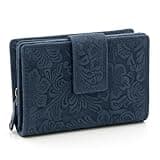 ekavale Damen Geldbörse aus Leder mit RFID-Schutz, Geldbeutel für Moderne Frauen Blüten Muster (Navy)