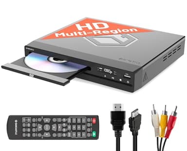 Region Free DVD Player für Fernseher | Mini DVD Player HDMI mit 1080p Upscaling | CD-Player mit USB & MP3 | HDMI Kabel, RCA Kabel & Fernbedienung Inklusive | OAKCASTLE DVD100