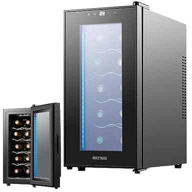 Echos Weinkühlschrank 10 Flaschen 28 Liter LED Beleuchtung Weinkühler Weinklimakühlschrank Mini Kühlschrank Wein Kühler Minibar mit Glastür