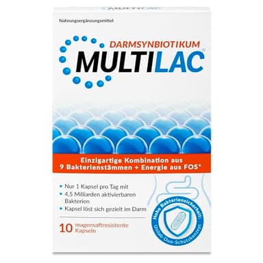 MULTILAC Darmsynbiotikum – 9 Bakterienstämme mit FOS für die Darmflora mit 4,5 Mrd. KBE pro Kapsel, magensaftresistente Kapseln, vegan, gluten- & laktosefrei, ohne Titandioxid, 10 Kapseln