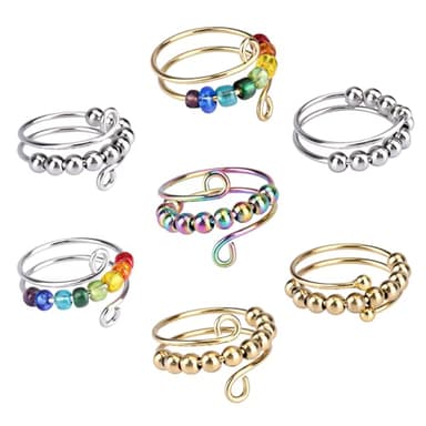 VIKY 7 Stück Verstellbare Anti Stress Ring, Linderung von Ängsten Anxiety Ring mit Perlen, Angst Spinning Ringe für Damen, Offener Spinner Fidget Ringe für Mädchen und Frauen