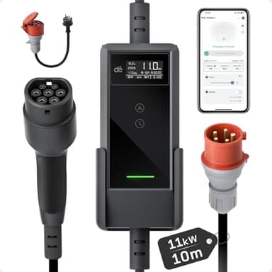 dé Mobile Wallbox 11kW mit APP [10 m | 3-phasig | 6–16 A], Ladekabel e Auto CEE-16A 400V auf Typ 2 mit Einstellbarer Ladeleistung, EV-Charger für ID.3/4/5/7, IX1, Model 3/Y und andere BEV/PHEV