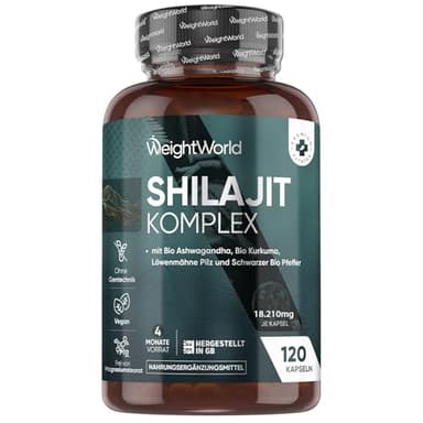 Himalaya Shilajit (Mumijo) Komplex 18.210 mg - 120 vegane Kapseln für 4 Monate - Mit Bio Ashwagandha, Bio Kurkuma, Lions Mane Pilz & Schwarzer Pfeffer - Shilajit Kapseln Extrakt (40:1) - WeightWorld
