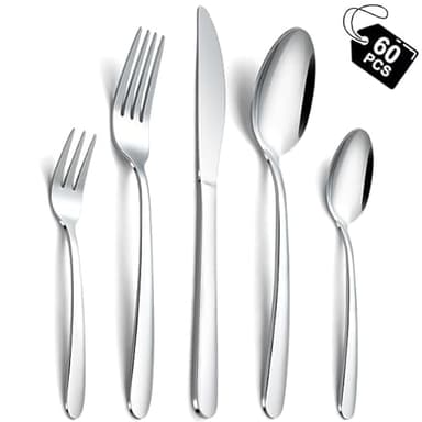 Hunnycook Besteck Set 12 personen, 60 Stück Edelstahl Besteckset, Elegantes Besteckset mit Gabeln, Löffel und Tafelmesser, geeignet für Haushalt/Restaurant/Party, Spülmaschinenfest