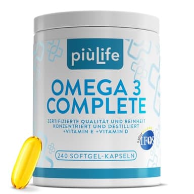Omega 3 IFOS 5 Sterne Zertifiziert Mit Vitamin D3 und E PiùLife – 240 Softgel – Fischöl EPA DHA 800 mg & 400 mg pro Tagesdosis – Fish Oil Omega 3 kapseln hochdosiert – Herz, Gehirn, Augen, Knochen
