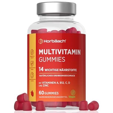 Multivitamin Gummies | Gummibärchen mit 14 Zutaten inkl. Zink, Vitamin C, A, D, E, B9, B5, Biotin | Erdbeergeschmack | A-Z Vitamine | 60 Gummibärchen für Erwachsene | Horbaach