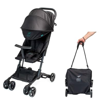 Urban Kanga Bandicoot Reisebuggy fürs Flugzeug-Handgepäck – Ultraleichter, Kompakt Zusammenklappbarer Buggy bis 22 kg mit Schultergurt & Abdeckung (Midnight Black)