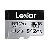 Lexar Silver Plus Micro SD Karte 512GB, Bis zu 205 MB/s Lesegeschwindigkeit, 150MB/s Schreibgeschwindigkeit, Speicherkarte Micro SD mit SD Adapter, UHS-I, A2, U3, V30, Klasse 10, 4K UHD microSDXC