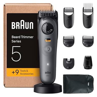 Braun Barttrimmer Series 5, Elektrischer Bartschneider Herren mit 9 Zubehörteile, Ultrascharfe ProBlade Klinge, 120 Min Akkulaufzeit, Kabelloser Bartrasierer, 40 Längen, Wasserdicht, BT5565, Grau