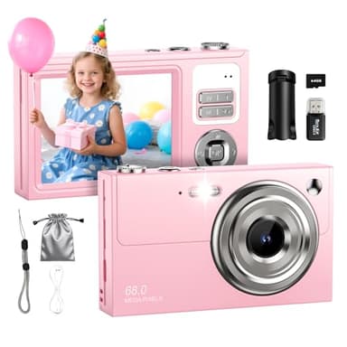 Digitalkamera 4K 64MP Fotokamera 16X Digitalzoom Kamera, Vlogging Fotoapparat Kompaktkamera mit 2,8" LED Bildschirm, 64G Micro Speicherkarte, 1 Akku für Kinder Teenager Studenten Anfänger-Rosa