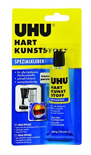 UHU Spezialkleber Hart Kunststoff, Geeignet für wasser-, temperatur-, säure- und laugenbeständige Verklebungen von Hartkunststoffen, 30 g, Transparent