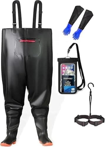 HoldOneLight Übergroße Wathose für Herren, PVC, wasserdicht, Jagd, Wathose mit Stiefelfußgürtel, atmungsaktiv, leicht (DE/NL/SE/PL, Alphanumerisch, 5XL, Große Größen, Regular, Swarchz, 47 yards)
