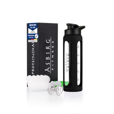 Asbirg | Glas Protein Shaker 700ml – BPA-frei, auslaufsicher & robust – Eiweiß Shaker mit Mixball aus Borosilikatglas – Trinkflasche für Fitness & Sport | Schwarz