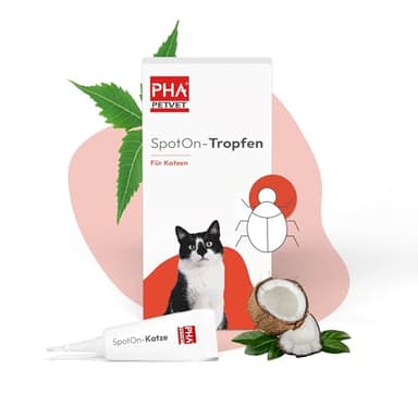 PHA Spot On für Katzen – Natürliches Flohmittel Katzen, Schutz gegen Flöhe, Zecken & Milben mit Neemöl & Laurinsäure, Zeckenschutz Katze, Anti Floh Katze, 2 Kunststofftuben à 1,5 ml