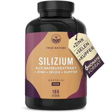 Silizium Kapseln - 180 Stück für 6 Monate - hochdosiert - Mit Zink, Selen & Kupfer - Organisches Silicium hochdosiert aus indischem Bambusextrakt - 643mg - Vegan - TRUE NATURE