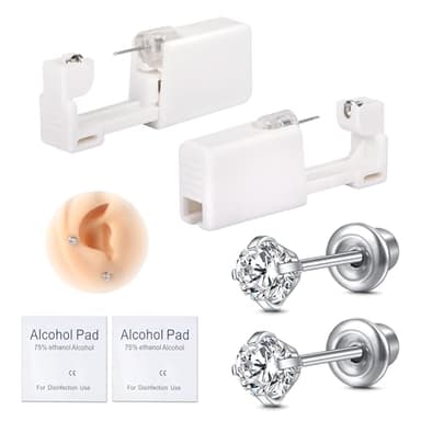 AVYRING 2 Stück Ohrloch Stecher Set Surgical Steel Einweg-Ohrlochpistole für Damen & Herren, Schmerzarme Piercing Pistole, Selbst-Piercing Set mit 4mm Weiß CZ Studs, Silber