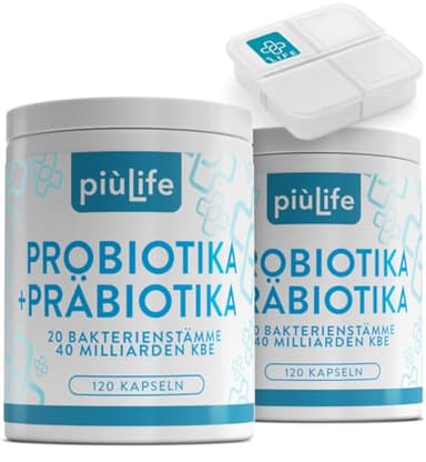 Probiotika Darmsanierung mit Präbiotika, Inulin & FOS – 240 Kapseln PiùLife – 40 Mrd. KBE aus 20 Bakterienstämmen – bei Blähbauch & darmkur entgiftung, für Mikrobiom & Darmflora