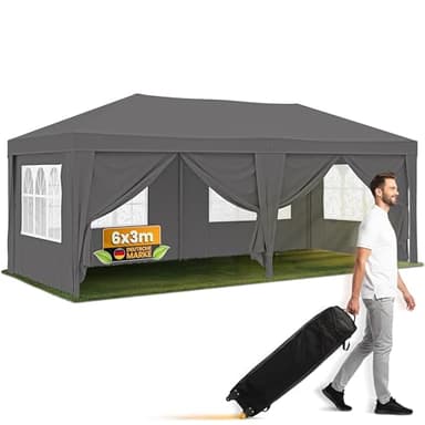 NATURIZ® Pavillon 3x6 Wasserdicht Stabil Winterfest und UV 50+ Schutz - Faltpavillon mit Seitenwänden - Pop Up Zelt für Garten, Camping, Märkte - Gartenpavillon (Grau, 3x6m)