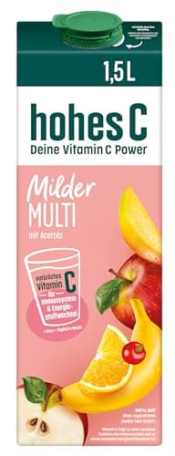 hohes C Milder Multivitamin (1 x 1,5l), 100% Saft, Apfel, Orange, Acerola, Mango, 7 Vitamine, ohne Zuckerzusatz laut Gesetz, weniger Säure, vegan