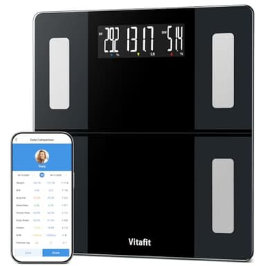Vitafit Personenwaage Körperfettwaage mit APP 250kg, Hohe Genauigkeit von Professionelle Fabrik SEIT 2001, Waage Personen mit Bluetooth, Körperwaage digital für Körperfett, BMI, Muskelmasse, Schwarz
