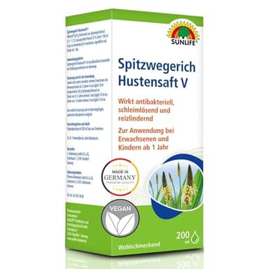 SUNLIFE Spitzwegerich Hustensaft V 200 ml - Hustensirup mit Spitzwegerich - Hustenlöser für Erwachsene, Jugendliche & Kinder ab 1 Jahr - Hustenstiller bei Erkältung