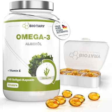 Omega 3 Vegan aus Algenöl 140 Softgel Kapseln, 600 DHA & 300 EPA+ Vitamin E pro Tagesdosis, ca. 3 Monate Vorrat, inklusive Pillenbox, laborgeprüft, hohe Bioverfügbarkeit