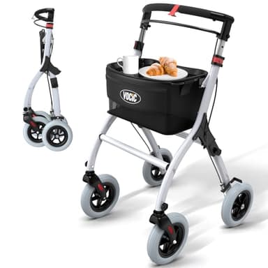 VOCIC Z32 Rollator Schmal für Wohnung,Indoor Rollator Faltbar und Leicht,Stabiler Wohnungsrollator mit Spuer Leiser Anti-Rutsch Reifen,Rollatoren für Senioren Klappbar Tablett,Weiß|5 Jahre Support
