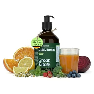 Multivitamin Mikronährstoffkonzentrat 60 Portionen - Saftkonzentrat mit Vitaminen aus Fruchtsaft & Pflanzenextrakten 300 ml | vegane Mikronährstoff-Komplex + Pumper & Dosierlöffel | GreatVita