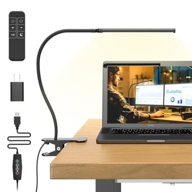 Mojimdo Schreibtischlampe 77 LED mit Fernbedienung [Beeindruckende Lichtleistung] 40CM Klemmlampe, 3 Farben & 5 Helligkeitsstufen, 360° Flexibel mit USB-Ladegerät