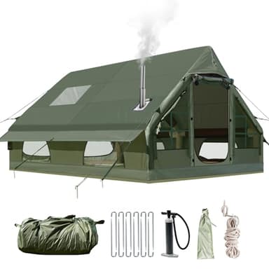 Afitdon Aufblasbares Campingzelt mit Kaminöffnung & Dachfenster, Aufblasbare Zelt für 2-10per mit Luftpumpe, Zelt Aufblasbar aus Wasserdichtem Oxford-Stoff für Jahreszeiten, Schneller Aufbau Luftzelte