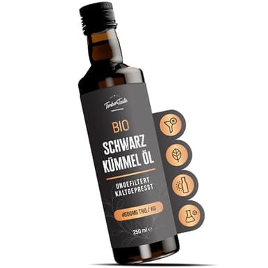 Schwarzkümmelöl Bio kaltgepresst 250ml – ungefiltert, hoher Thymochinongehalt (4600 mg/1000 g), ohne Zusatzstoffe – Entspricht 500 Schwarzkümmelöl kapseln kaltgepresst