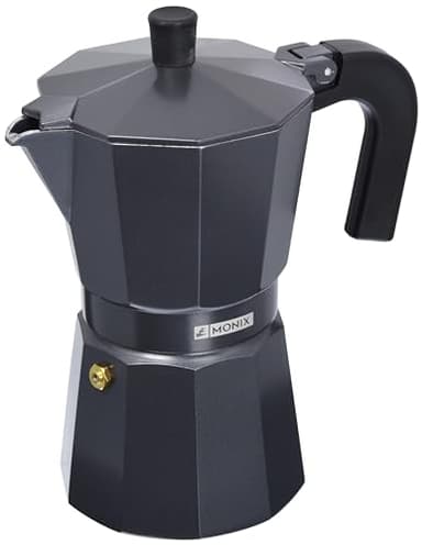 Monix Vitro Noir | Italienische Aluminium-Kaffeemaschine für 6 Tassen, geeignet für alle Herdarten außer Induktion, schwarze Farbe