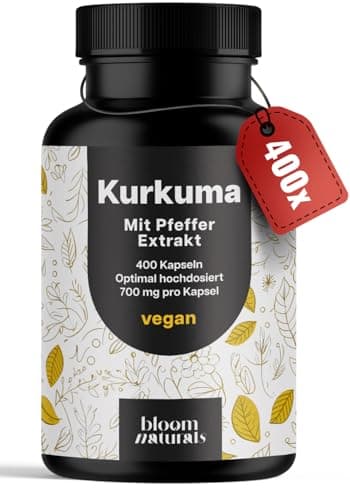 Kurkuma Kapseln Hochdosiert - 400 Kapseln (13 Monate) mit 700mg mit Curcumin & Piperin - vegan und mit Liebe aus Deutschland - Curcuma Kapseln - Laborgeprüft - Verpackung kann variieren