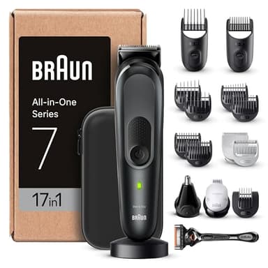 Braun All-In-One Trimmer-Set 7, 17-in-1 Multigroom, Barttrimmer, Nasenhaartrimmer, Haarschneidemaschine für Gesicht, Kopf und Körper, 100 Min Akku, 14 Längen (3–21 mm), Wasserdicht, MGK7491, Schwarz