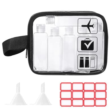 Diboniur Kulturbeutel Transparent –10-teiliges Flugzeug-Reiseset, 6 Reiseflaschen 100 ml mit 2 kleinen Trichtern, Reisezubehör für Shampoo, Creme und Lotion
