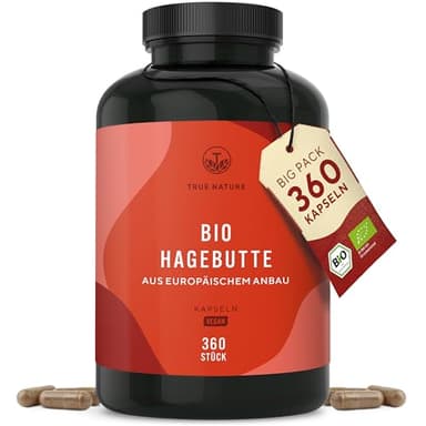 Bio Hagebutten Kapseln hochdosiert – EU Anbau – 3900 mg Hagebuttenpulver – 360 Kapseln – reine getrocknete Hagebutte – ballaststoffreich, vegan & laborgeprüft – TRUE NATURE®