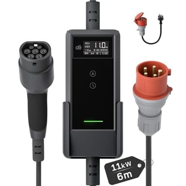 dé Mobile Wallbox/Ladestation 11kW [6m|3-phasig|6-16A] mit Einstellbarer Ladeleistung, Ladekabel CEE 16A auf Typ 2 und EV Ladegerät für Model Y/3, ID.3/4/5, MG4, EX30, e-up, e-tron und BEV/PHEV