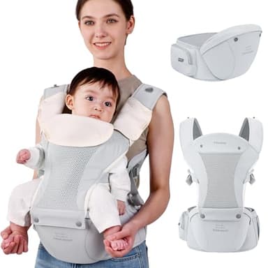 Bebear Babytrage für 0-36 Monate, 3D Air Mesh Rucksack für Neugeborene bis Kleinkinder,ergonomischer 6 in 1 Fronttrage(Cotton Light Grey)