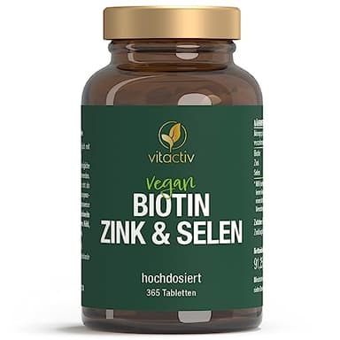 VITACTIV Biotin Zink Selen - Haut Haare Nägel Tabletten, Hochdosiert mit 10000 mcg Biotin pro Tagesverzehr - Herstellung in Deutschland, Laborgeprüft - Vegan, Zuckerfrei - 365 Stück, Jahresvorrat