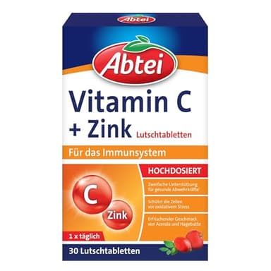 Abtei Vitamin C + Zink - wertvolles Vitaminpräparat zum Lutschen - zur Unterstützung der Abwehrkräfte und des Zellschutzes - glutenfrei, vegan - 1 x 30 Lutschtabletten