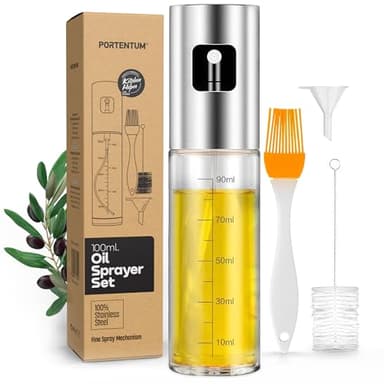 PORTENTUM Ölsprüher 100 ml aus Edelstahl, Ölspender Glasflasche mit Zubehör, Auslaufsicherer Ölspray für Kochen, Grillen, Salat und Heißluftfritteuse