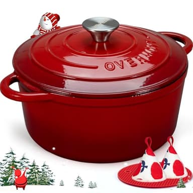 Overmont Schmortopf Gusseisen Topf 26cm - Emaille Bräter mit Deckel backofengeeignet - mit Kochbuch - für Küche Backen Schmoren Braten Rot